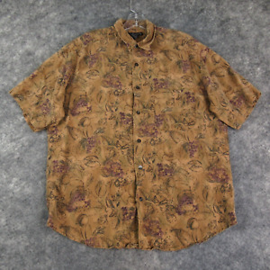 Claiborne Shirt Men Medium Brown Floral Print Short Sleeve Button Up Rayon Linen