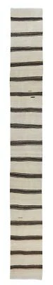 2.2x17.6 Ft Handmade Cream Narrow & Long Runner Kilim with Black & Gray Stripes - Image 1 of 4