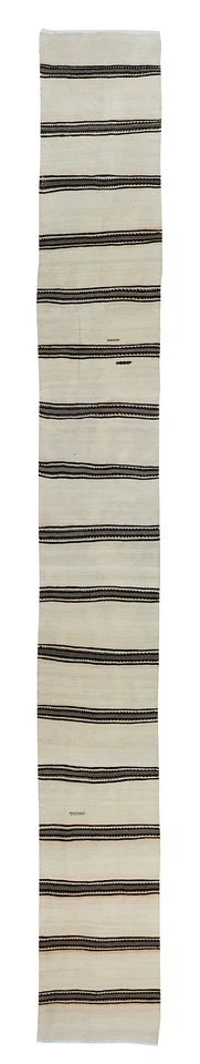 2.2x17.6 Ft Handmade Cream Narrow & Long Runner Kilim with Black & Gray Stripes - Image 1 of 4