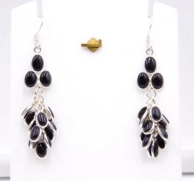 7.90 GM 925 Argento Sterling Naturale Onice Nera Gemma Lunetta Orecchino Misura - Immagine 1 di 4
