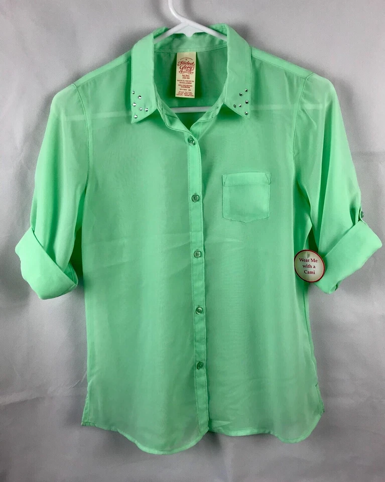 Camisa de vestir para niñas jóvenes descolorida gloria XL 14-16 verde mangas 3/4 gasa Foto 1 de 2