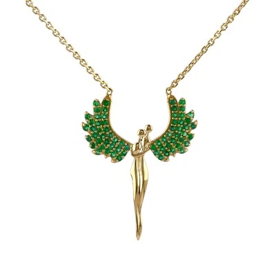 Natural Zambian Emerald Cluster Solid 14K Yellow Gold Guardian Angel Necklace - Image 1 of 4