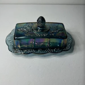 Blue Carnival Glass Covered Butter Dish Indiana Harvest Grape Iridescent 8" wide - Picture 1 of 7