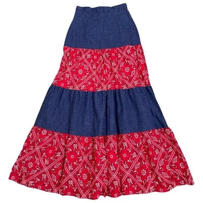 Vintage JCPenney Maxi Skirt XS Tiered Denim Blue Red Bandana Paisley Boho 70s - Image 1 of 4