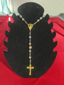 Gold Tone Catholic Rosary Necklace Aurora Glass Beads Virgin Mary & Crucifix 24” - Picture 1 of 5