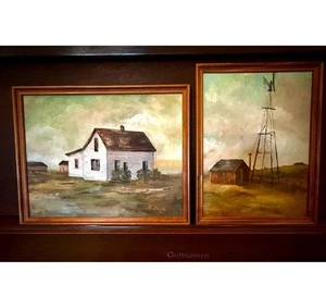 2er Set Bauernhaus Windmühle ORIGINAL Ölgemälde 13 x 17 signiert Lu Bloom 1974 - Bild 1 von 16