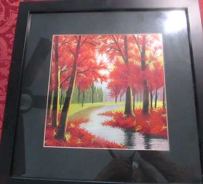 King Silk Art Handmade Embroidered Trees & Stream Chinese In 13 x 13 Black Frame - Image 1 of 4