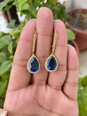 2.90Ct Pear Cut Blue Sapphire Created Drop Dangle Earrings 14K Yellow Gold Fn - Image 1 of 4
