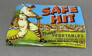 VINTAGE SAFE HIT BASEBALL WESLACO TEXAS VEGETABLE CRATE LABEL GULF DISTRIBUTING - Picture 1 of 6