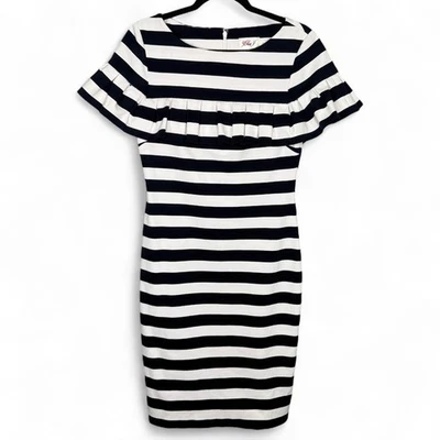 Платье-футляр женское Eliza J в полоску с оборками рукав размер 8 темно-синее и белое - Изображение 1 из 4