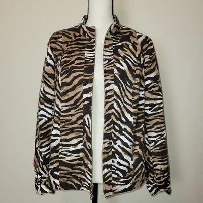 Susan Graver Size M Tiger Print Blazer Long Sleeve Ruched Cuff Full Zip Front - Image 1 of 4
