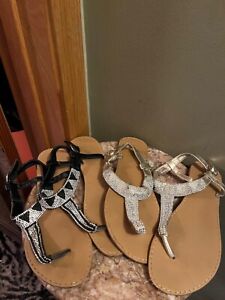 Set of 2 Size 8 Charlotte Russe Rhinestone Thong Sandals Silver and Black