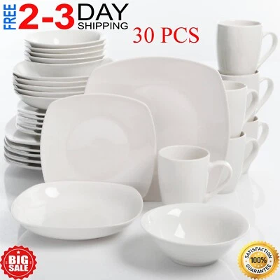 Juego de vajilla de porcelana de 30 piezas platos de cena cuadrados servicio de platos para 6 blancos Foto 1 de 4