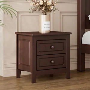 Mid-Century Retro Nightstand w/2 Drawers Wooden End Side Table w/Round Handles - Picture 1 of 14