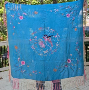 VTG CHINESE SILK PIANO SHAWL SCARF EMBROIDERED BIRDS FLORAL FRINGED BLUE PINK - Picture 1 of 24