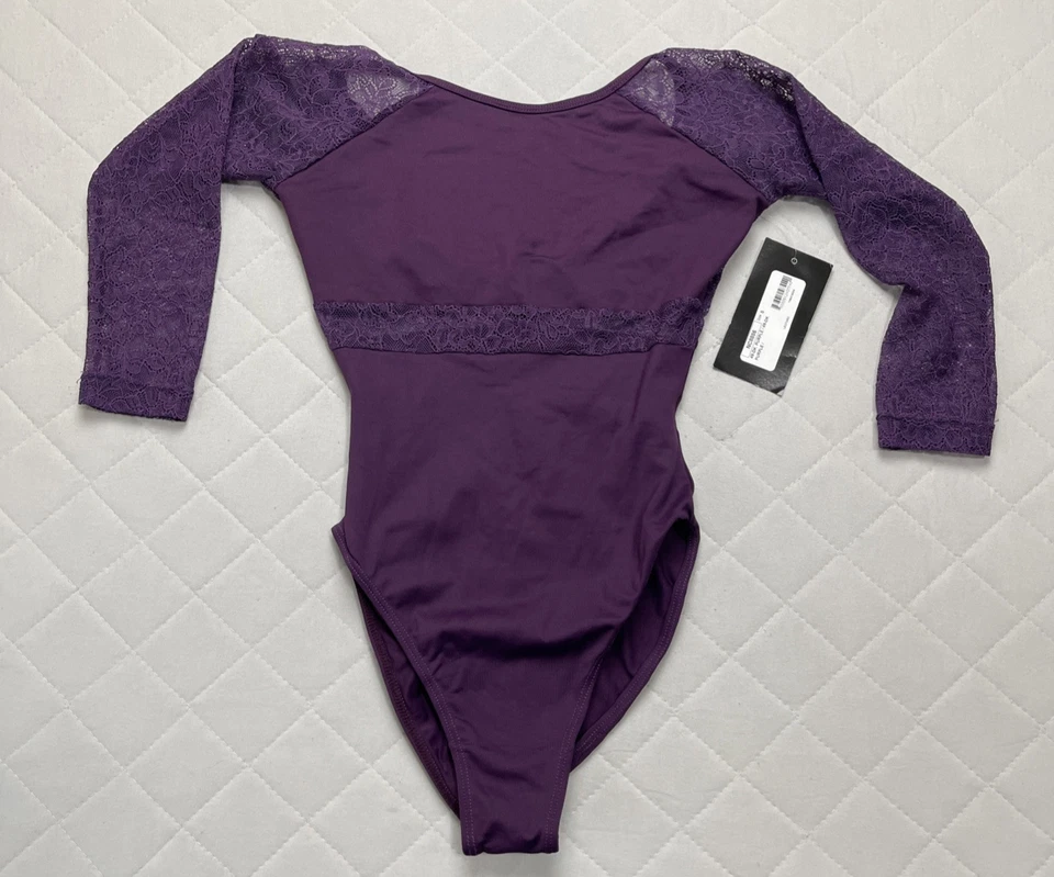 Leotardo Natalie Couture Niñas Pequeño Púrpura Encaje Manga Larga Baile Ballet Foto 1 de 4