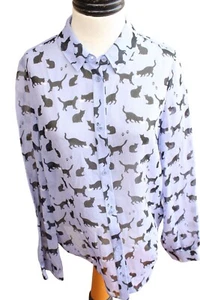 Kate Spade Black Cat Silk Blouse Size 6 Cats and Cream Blue 92092 - Picture 1 of 6