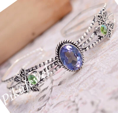 Amethyst Cut & Peridot Cut Gemstone 925 Sterling Silver Cuff Bangle For Wife - Image 1 of 4