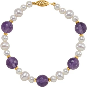 Pulsera de 7,5" de perla y amatista cultivadas en agua dulce en oro amarillo 14 K - Imagen 1 de 2