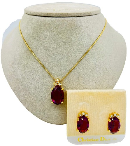 Set gioielli vintage DIOR ametista artificiale cristallo placcato oro catena con orecchini.