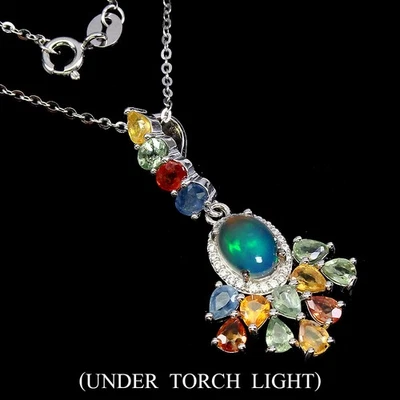 Collana in argento sterling 925 opale di fuoco ovale 8x6 mm zaffiro zirconi... - Immagine 1 di 4
