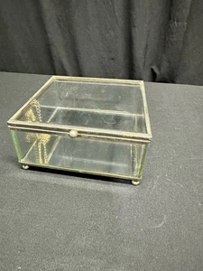 Vintage 6 Panel Glass Trinket Box Brass Joints W/ Flip Open Hinged Lid W/ Chain - Picture 1 of 7