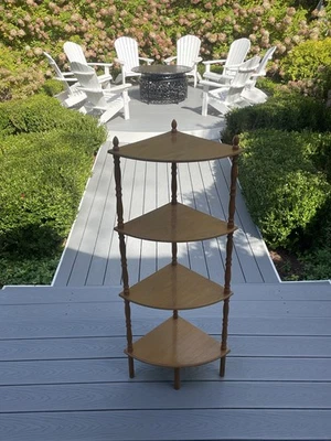 VTG 4 TIER WOOD OAK VENEER 43" TALL CORNER CURIO SHELF SHELVING PLANT STAND UNIT - Image 1 of 4