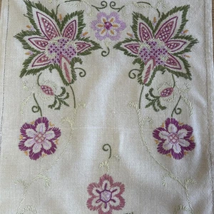 Vintage Antique Linen Embroidery Table Runner/ Tray Cover. Cottage Core/purple. - Picture 1 of 16