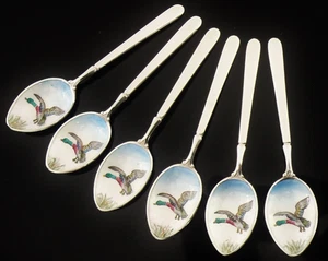 6 Sterling Silver Enamel Teaspoons, Ducks in Flight, W W Godwin & Son Ltd 1970 - Picture 1 of 12