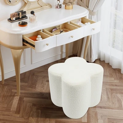 Floor Pouf Ottoman, Floral-shaped Pouf, White Puff Foot Rest, Small Vanity Stool - Image 1 of 4