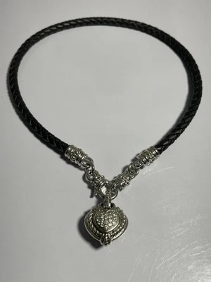 Judith Ripka Sterling Silver And Black Woven Leather .925 Heart Necklace CZ 16” - Image 1 of 4