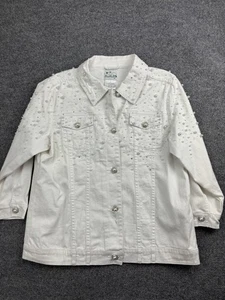 Quacker Factory Jacket Womens Large White Pearl Rhinestone Embellished Denim - Picture 1 of 8