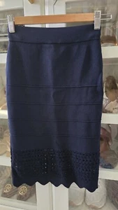  Ted Baker Girls Pencil Skirt Bandage Waist 22" Stretch Dark Blue Exposed Zipper - Picture 1 of 12