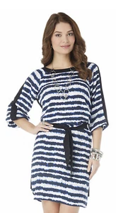 DAISY FUENTES Modern DRESS Size: SMALL New SHIP FREE Black Blue White Striped - Picture 1 of 9