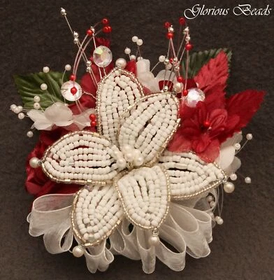 Corsage Burgundy Red Rhinestone Wedding Prom BEADED LILY or 2pc with Boutonniere - Image 1 of 2