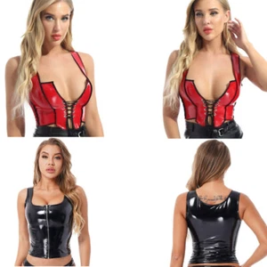 Sexy Women Gothic Patent Leather Tank Top Lace-up Corset Bra Vest Cropped Tops - Picture 1 of 24