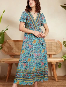 Maxi Vestido Boho Floral Envolvente en Azul Multicolor - XL Para Mujer - Imagen 1 de 16