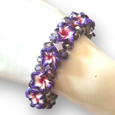 Vintage Purple Pink Flower Beaded Bracelet - Stretch - AB Crystal Accents