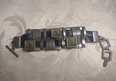 NES Montreal Signed Pewter &Leather Chunky Bracelet - Image 1 of 4