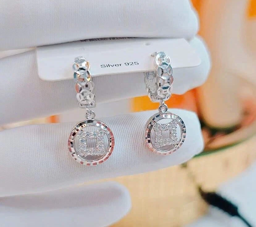 Lucky coin dangle earrings 18k white gold filled over silver. Wealth + good luck - Image 1 of 1