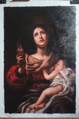 portrait religieux mere et enfant tableau peinture sur toile signée / religious - Photo 1/2