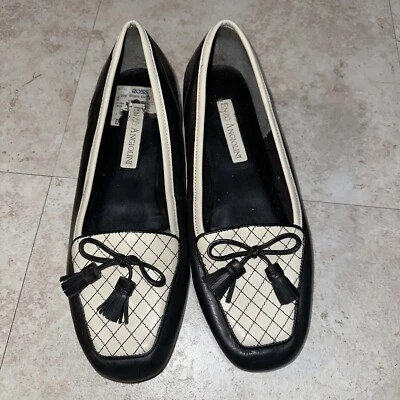 ENZO ANGIOLINI Clásicos Blanco Negro Lazo Cuero Mocasines Tacón Corto Bloque Talla 6.5 Foto 1 de 4
