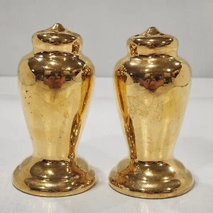 Vintage Salt Pepper Shakers 22K Gold Ceramic Atlas Satin Cork Stopper 3.5" 1950s - Picture 1 of 4
