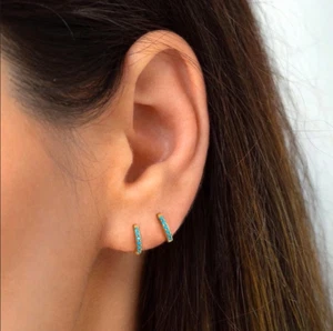 Dainty Turquoise 18K Gold Plated Silver Small Huggie Hoop Dangling Boho Earrings - Picture 1 of 5