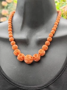 Faux Coral carved Galalith short choker bead vintage necklace hidden clasp orig - Picture 1 of 9