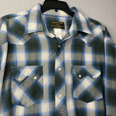 Vtg Rustler By Wrangler Shirt Mens XL Western Pearl Snap 25x32 Silver Line - Image 1 of 4