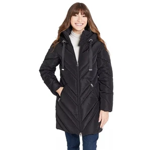 Nine West Women's Hooded Puffer Coat Chevron Black Size L NWT $180 Thigh Length  - Picture 1 of 7