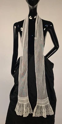 VICTORIAN 19TH WHITE NET LONG STOLE FOR DRESS W LACE BOTTOM - Image 1 of 3