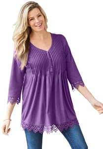 Woman Within Women's Plus Size Pintuck Henley Crochet Trim Tunic - M, Purple - Picture 1 of 5