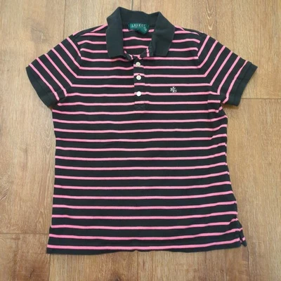 VTG Lauren Ralph Lauren Women's Petite Medium Striped Polo Shirt Baby Tee Pink - Image 1 of 4